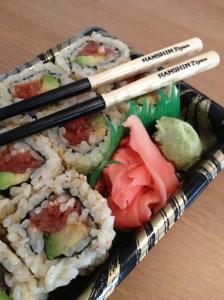 Sushi, with Hanshin Tigers chopsticks!